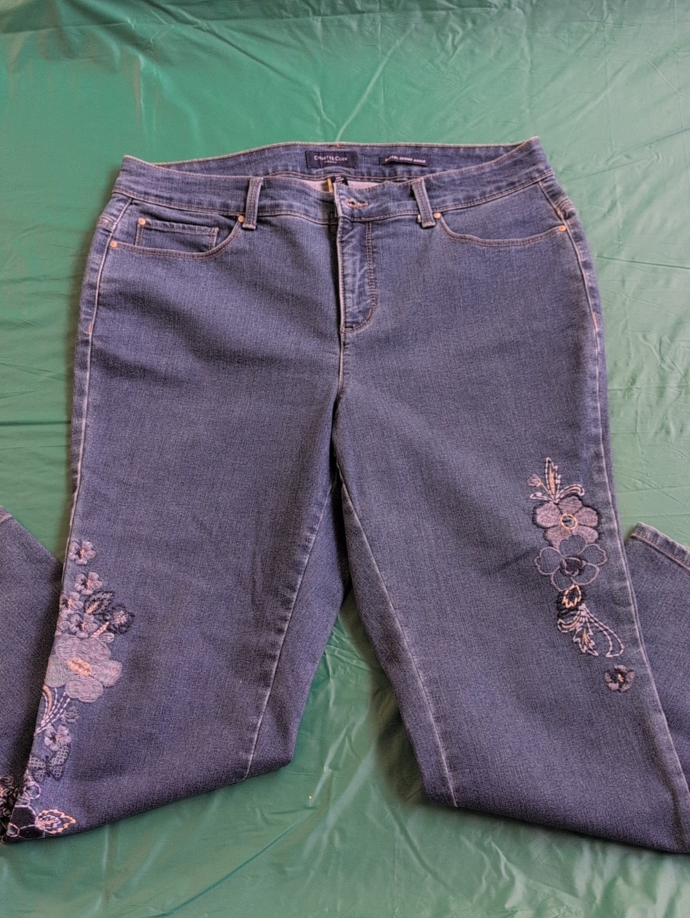 Charter Club Blue Straight-Leg Jeans with Floral Embroidery